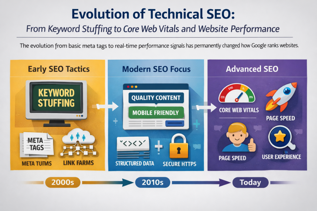 Evolution of technical SEO — from keyword stuffing to Core Web Vitals and website performance