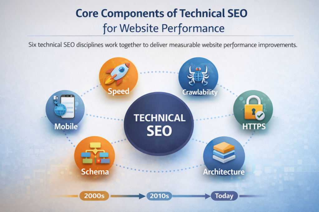 Core components of technical SEO for website performance — speed, crawlability, mobile, schema, HTTPS, architecture