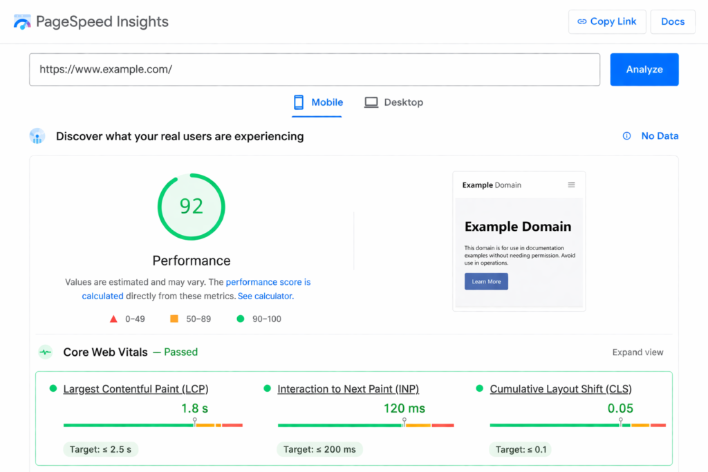 Google PageSpeed Insights showing Core Web Vitals scores for a technical SEO audit