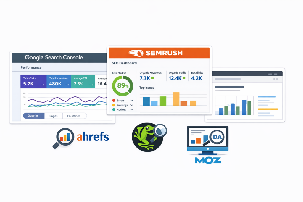 SEO audit tools including Google Search Console and Semrush dashboard