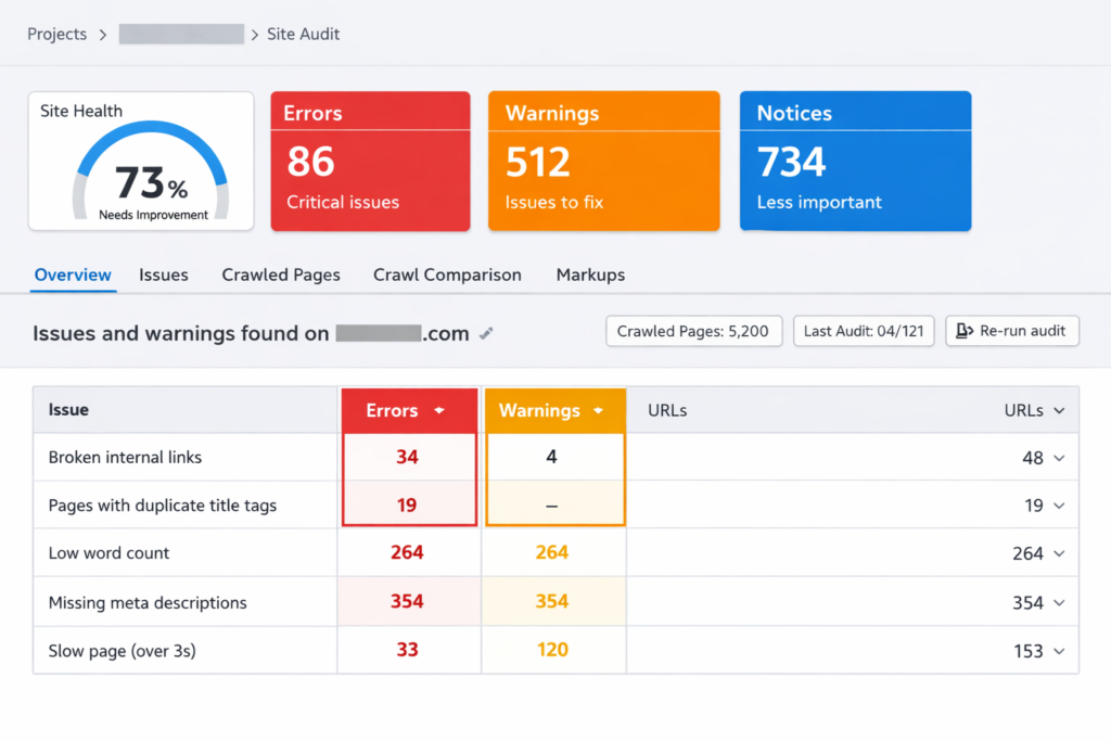 SEO audit site crawl report showing errors and warnings in Semrush