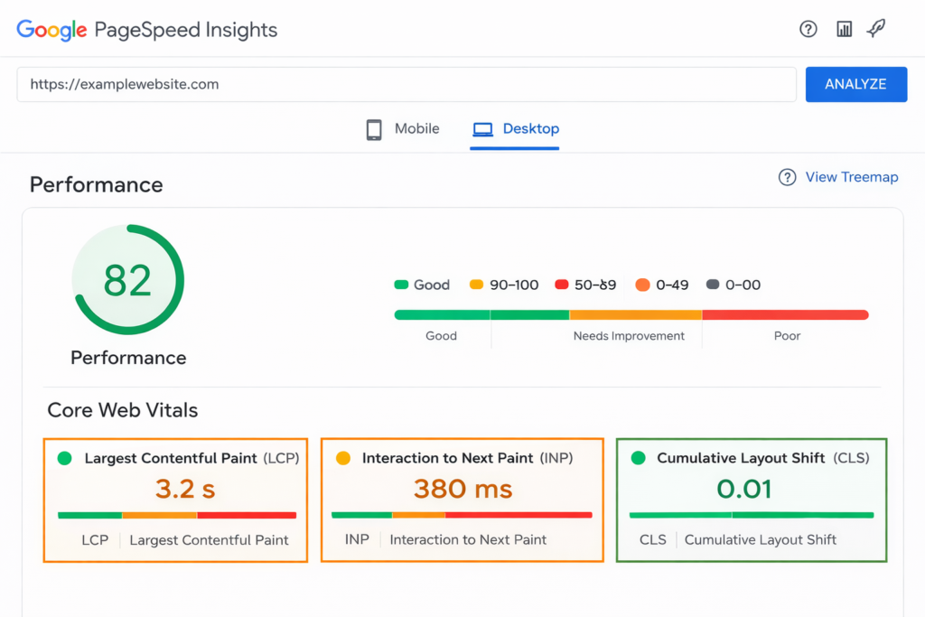 Google PageSpeed Insights report showing Core Web Vitals for an SEO audit