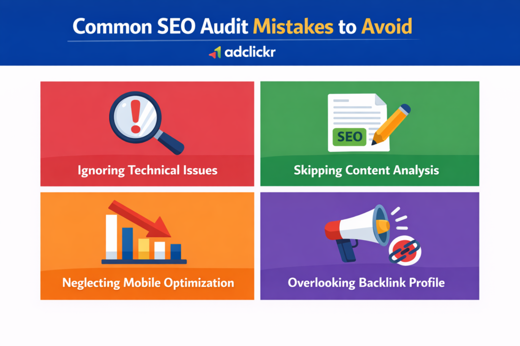 Common SEO audit mistakes to avoid — infographic by adclickr
