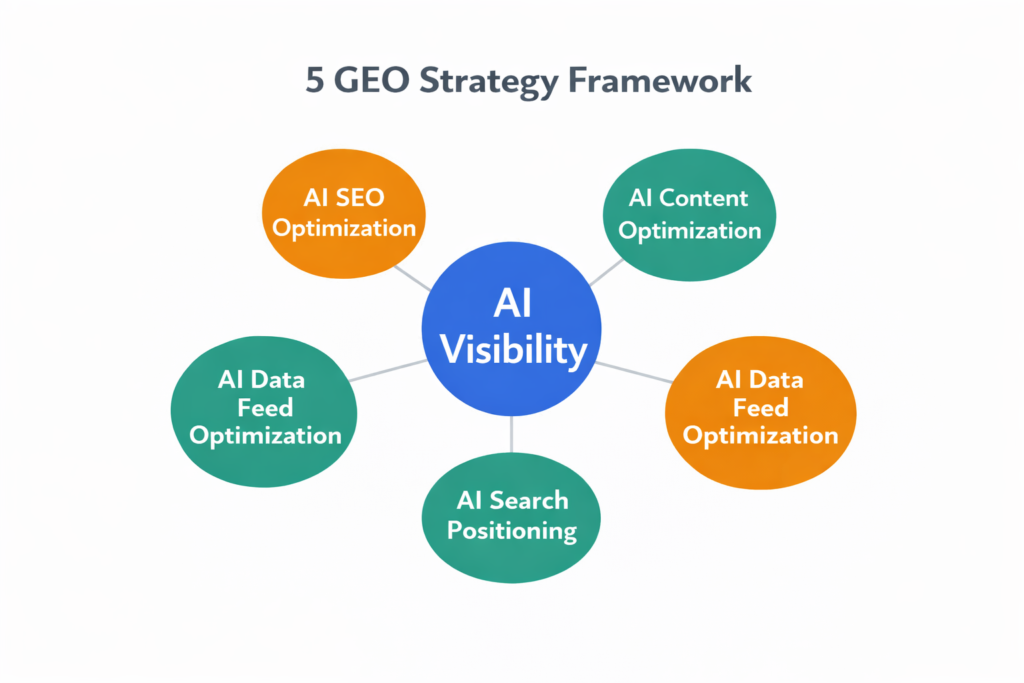 5 GEO generative engine optimization strategies framework diagram for AI search visibility