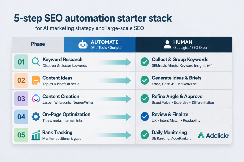 5-step SEO automation starter stack for AI marketing strategy and large-scale SEO — Adclickr
