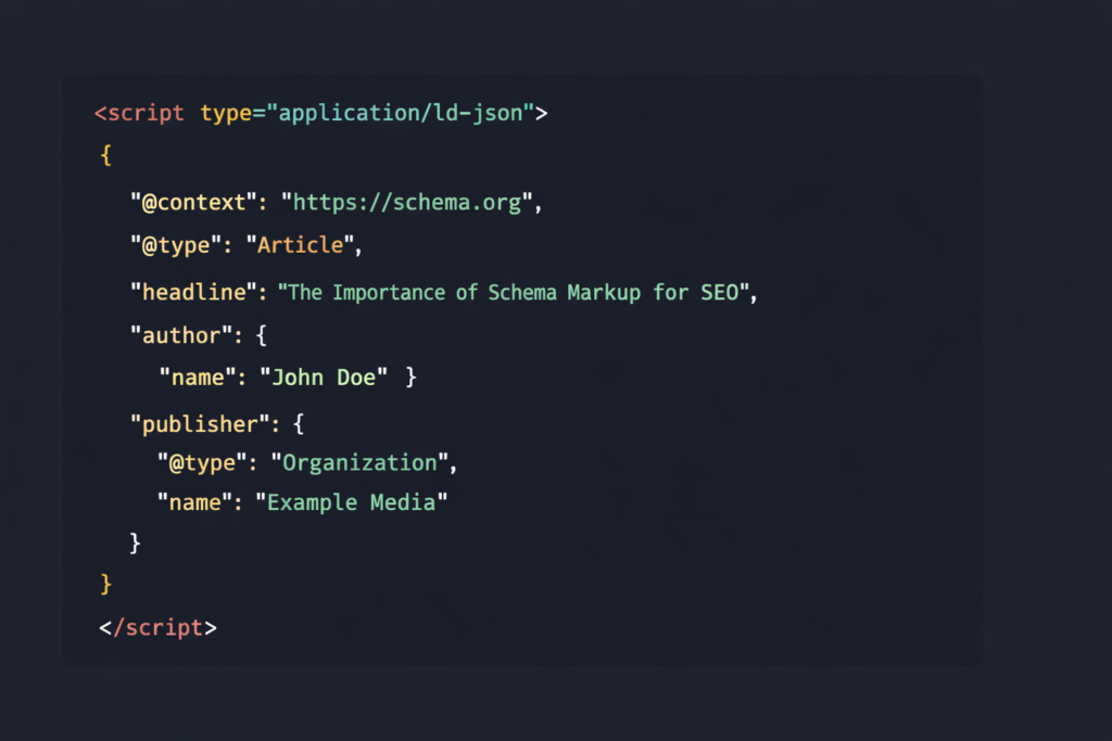 JSON-LD schema markup code block example for Article structured data — technical SEO implementation