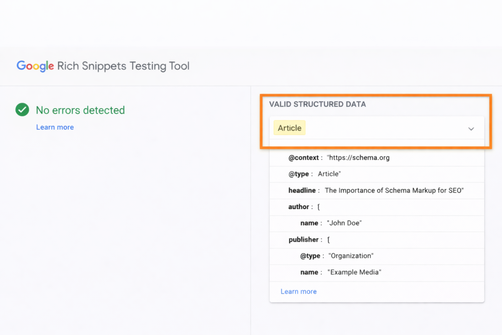 Google Rich Snippets Testing Tool showing valid Article schema markup during a technical SEO audit