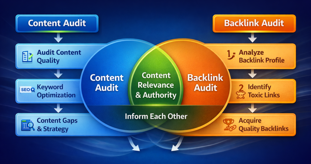 Content audit and backlink audit process comparison — large-scale SEO workflow diagram — Adclickr