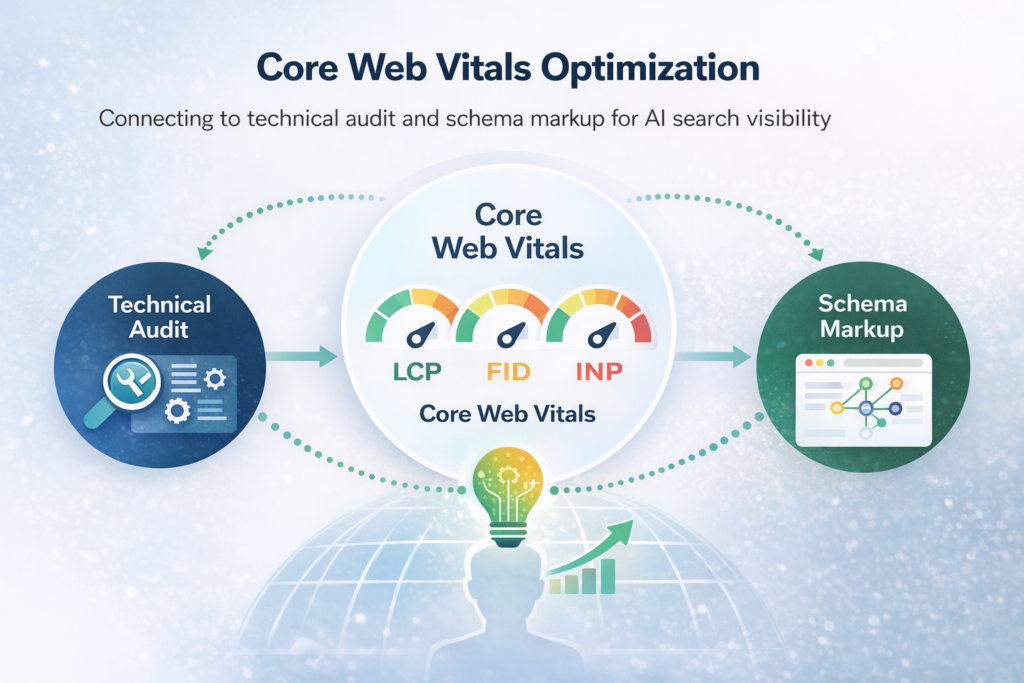 Core Web Vitals optimization connecting to technical audit and schema markup for AI search visibility