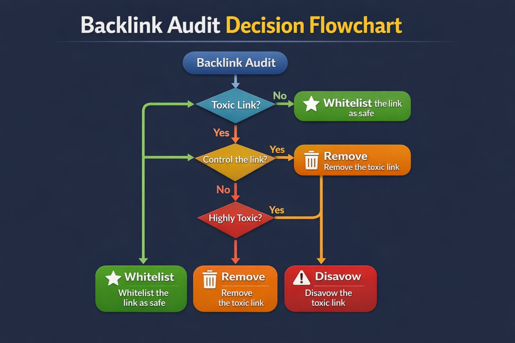 backlink audit decision flowchart showing when to whitelist remove or disavow toxic links during a technical audit