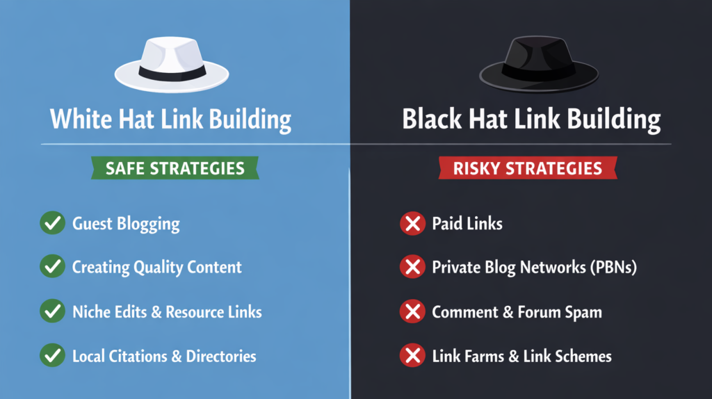white hat link building vs black hat link building comparison graphic showing safe and risky SEO strategies