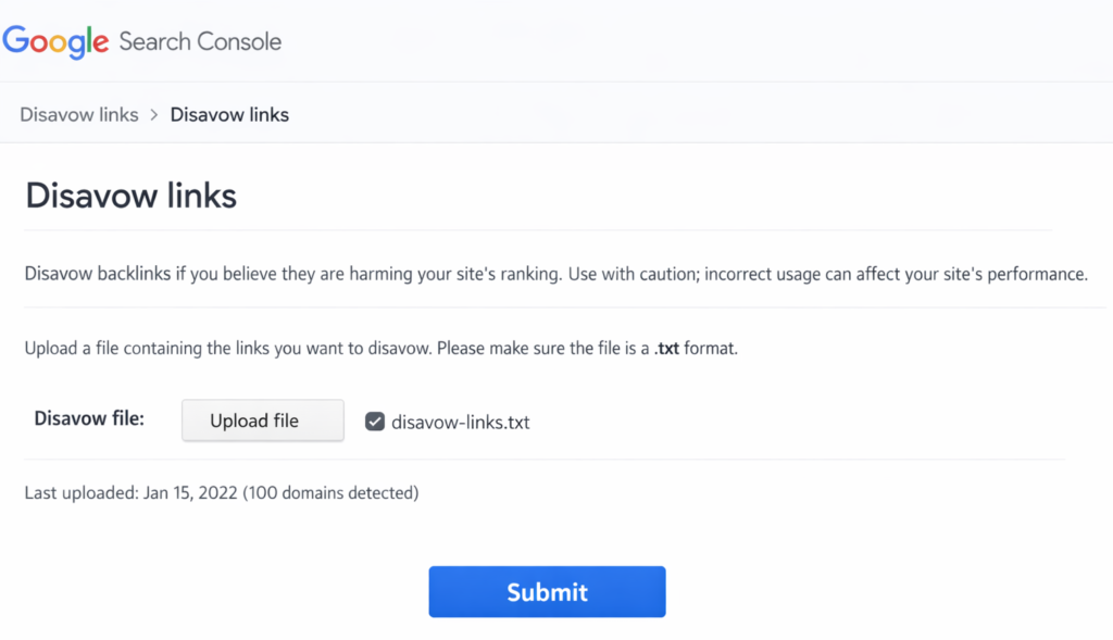 Google disavow tool upload interface screenshot used during backlink audit cleanup process