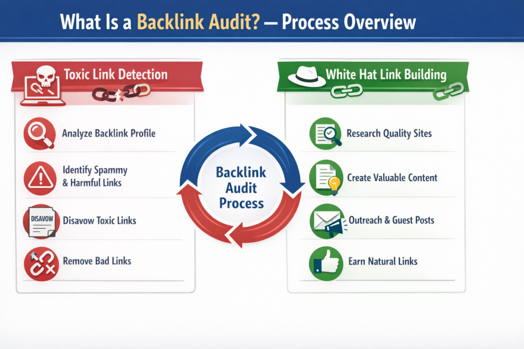 backlink audit process overview infographic showing toxic link detection and white hat link building steps