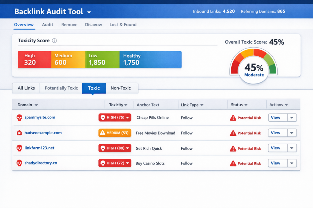 screenshot of backlink audit tool showing toxicity score markers for technical audit