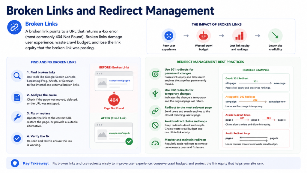 Infographic about broken links and redirect management in SEO, showing effects of 404 errors, steps to fix broken links, and best practices for 301/302 redirects, redirect chains, loops, and crawl optimization.