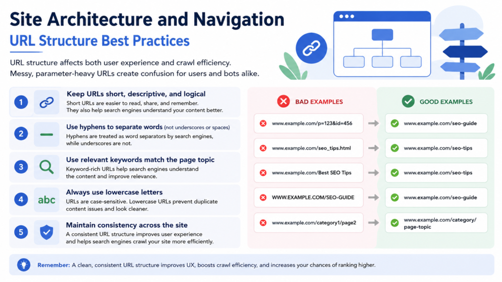 Infographic titled ‘Site Architecture and Navigation – URL Structure Best Practices’ explaining SEO-friendly URL formatting. The graphic highlights five key practices: keeping URLs short and logical, using hyphens instead of underscores, adding relevant keywords, using lowercase letters, and maintaining consistency across the website. It includes side-by-side bad and good URL examples, such as replacing messy parameter-heavy links with clean descriptive URLs like ‘example.com/seo-tips’. The design uses blue and green icons, checkmarks, and website navigation illustrations.