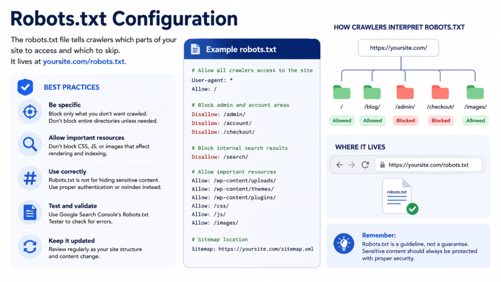Infographic explaining Robots.txt configuration and SEO best practices. The image shows an example robots.txt file with allow and disallow rules for search engine crawlers, including blocked admin and checkout pages and allowed CSS, JavaScript, and image resources. A sidebar highlights best practices such as being specific, allowing important resources, testing the file, and keeping it updated. Another section illustrates how crawlers interpret robots.txt by showing allowed and blocked website directories. The infographic also displays the standard robots.txt URL location and reminds users that robots.txt is a guideline, not a security feature