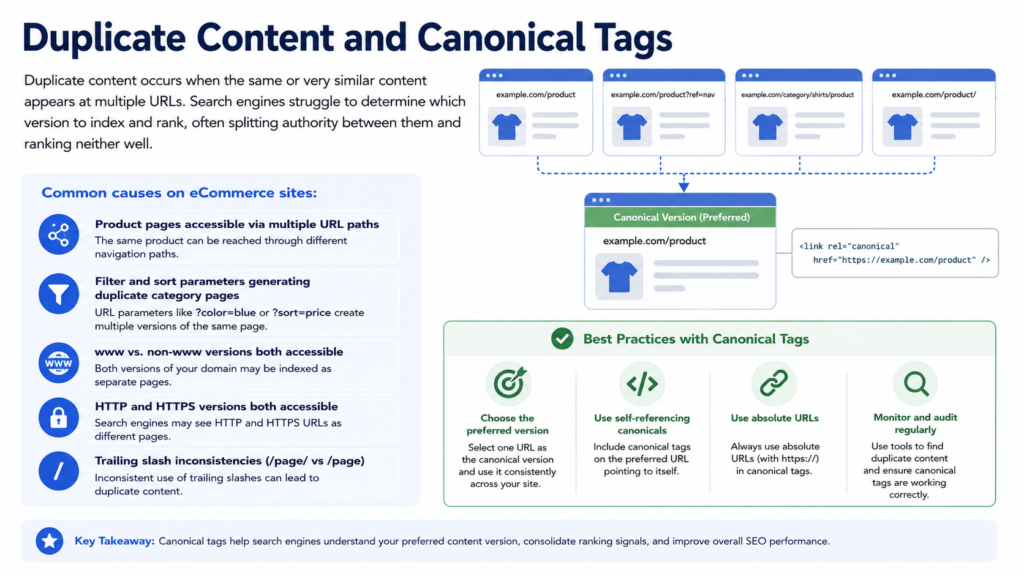 Infographic titled ‘Duplicate Content and Canonical Tags’ explaining how duplicate content affects SEO and how canonical tags solve it. The graphic shows multiple versions of a product page URL pointing to one preferred canonical version using a rel=canonical tag. A section on the left lists common causes of duplicate content on eCommerce sites, including multiple URL paths, filter parameters, www vs non-www versions, HTTP vs HTTPS versions, and trailing slash inconsistencies. Another section highlights best practices such as choosing a preferred URL version, using self-referencing canonicals, using absolute URLs, and regularly auditing duplicate content. The design uses blue and green icons, website mockups, arrows, and clean SEO-themed visuals.