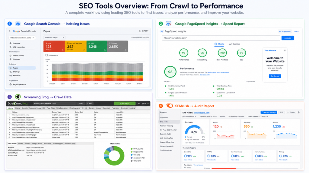Google Search Console  indexing issues, Google PageSpeed Insights speed report.