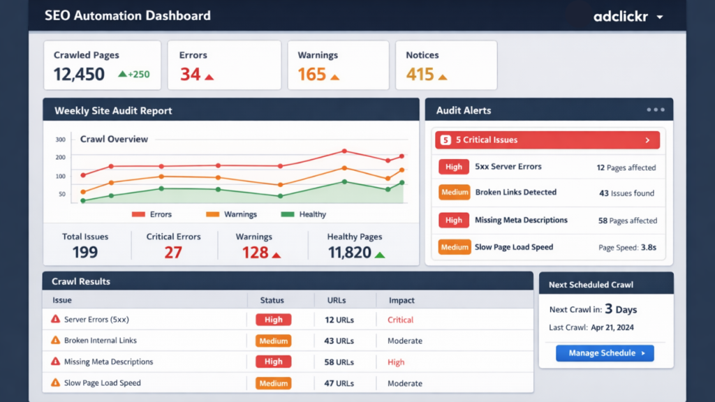 SEO automation dashboard showing scheduled crawl results and technical audit alerts — adclickr