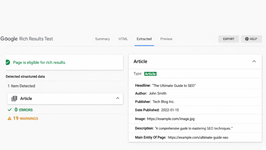 Google Rich Snippets Testing Tool showing valid schema markup for a technical SEO audit