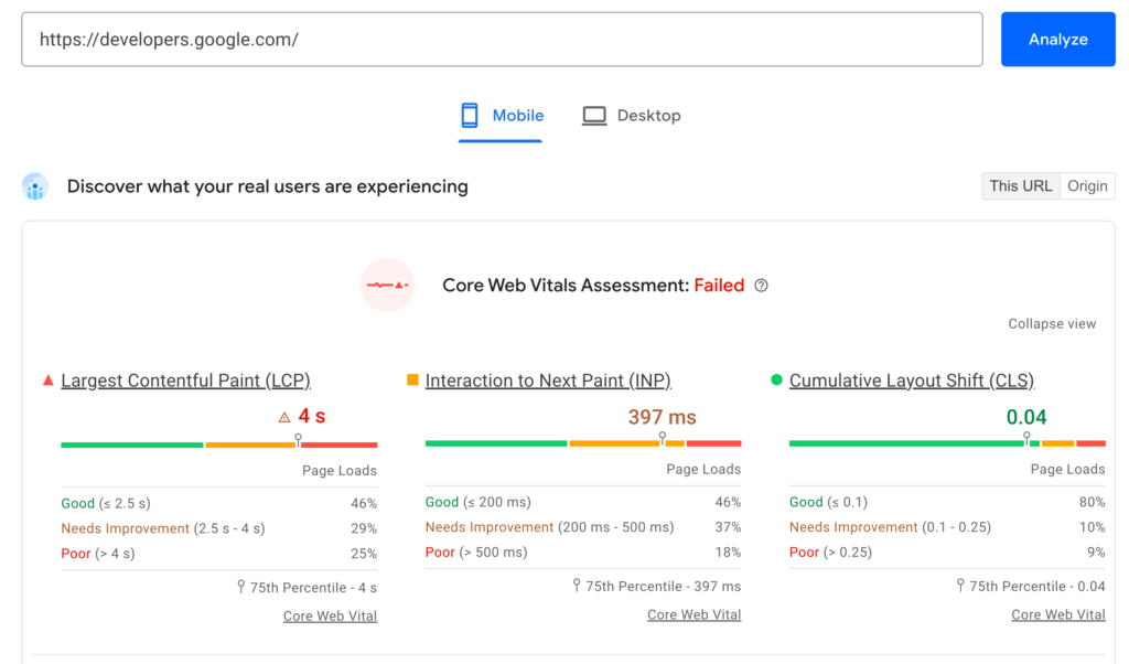 Google Page Speed Insights showing LCP score for core web vitals optimization and site speed