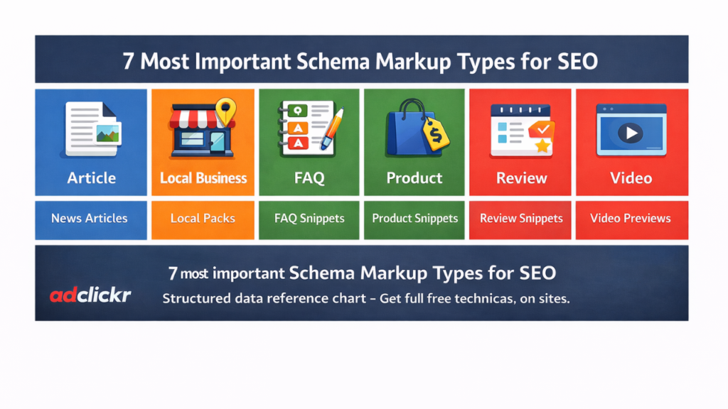7 most important schema markup types for SEO — structured data reference chart — Adclickr