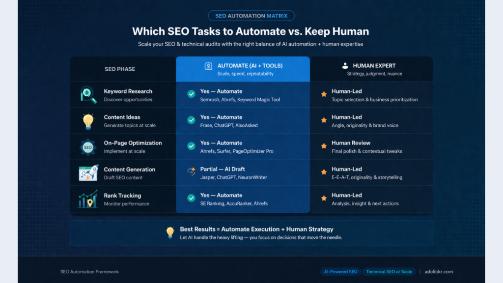 SEO Automation Matrix Diagram] Alt text: "SEO automation matrix — which phases to automate vs keep human in large-scale SEO and technical audit workflow