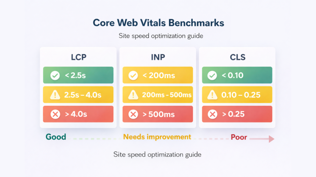 Core web vitals benchmarks — LCP, INP, CLS good needs improvement poor ratings — site speed optimization guide