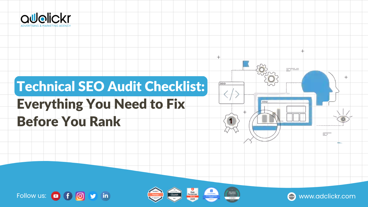 Technical SEO audit checklist guide covering crawl errors, Core Web Vitals and SEO automation — adclickr