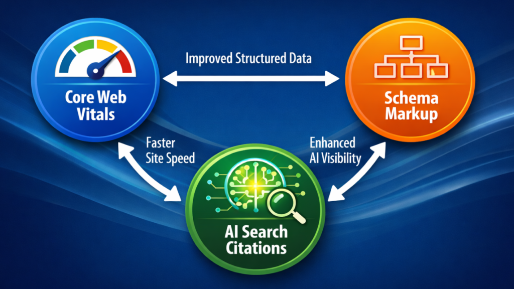 How site speed optimization connects to schema markup and AI search visibility — technical SEO diagram — Adclickr