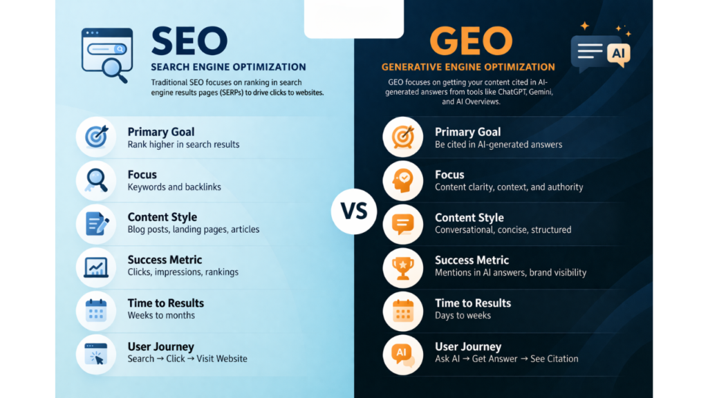 GEO vs SEO comparison infographic — key differences between generative engine optimization and traditional SEO