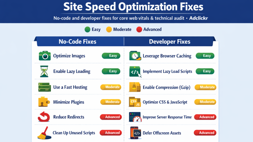 Site speed optimization fixes — no-code and developer fixes for core web vitals and technical audit