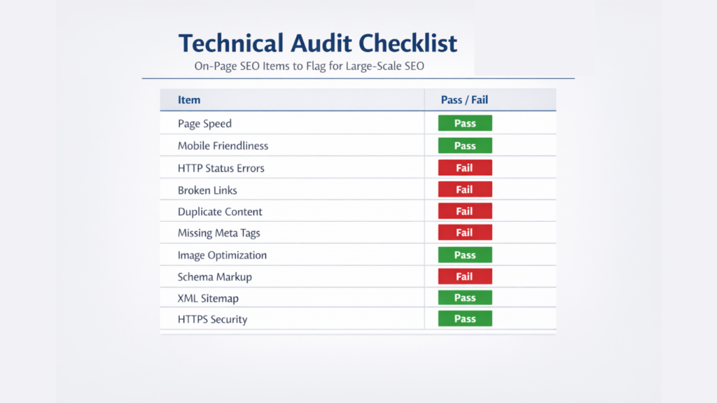 Technical audit checklist inside content audit — on-page SEO items to flag for large-scale SEO — Adclickr
