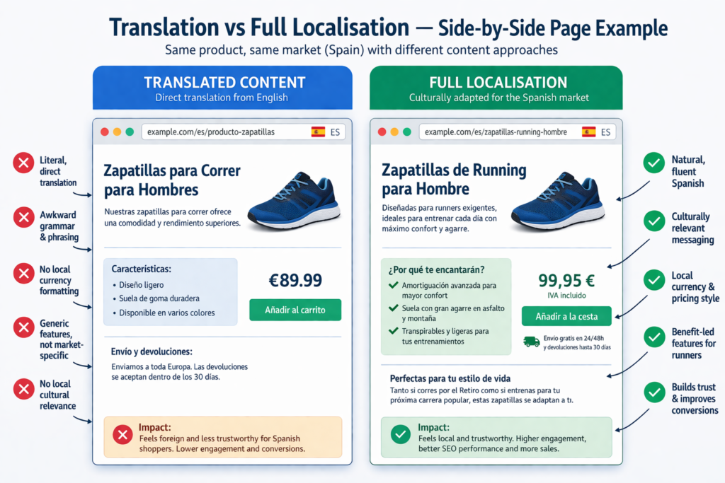 side-by-side comparison showing translated multilingual SEO content versus fully localised content for the same market