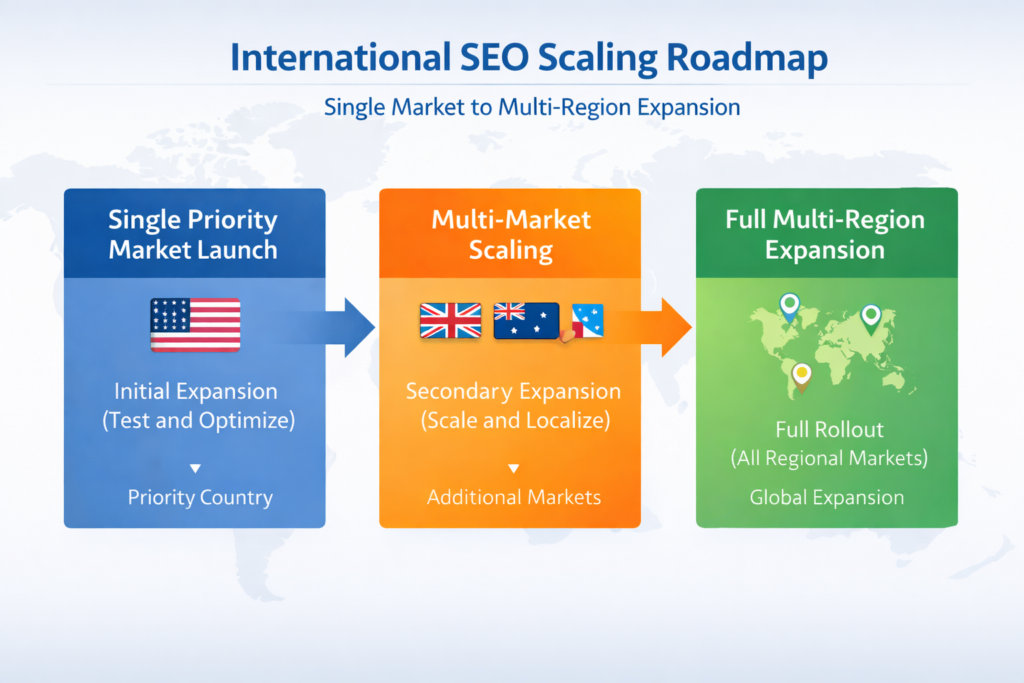 process diagram illustrating an international SEO scaling roadmap from single priority market launch to full multi-location SEO rollout