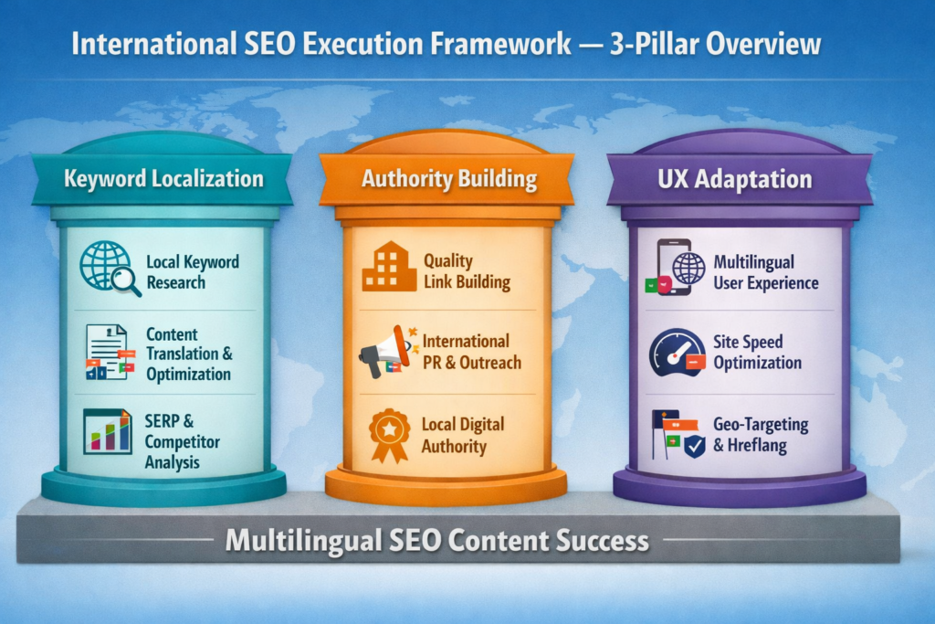 infographic showing the three pillars of international SEO execution: keyword localization, authority building, and UX adaptation for multilingual SEO content