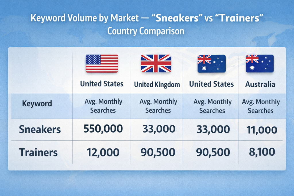 screenshot comparing keyword search volume for sneakers versus trainers across US UK and Australia showing international SEO keyword divergence