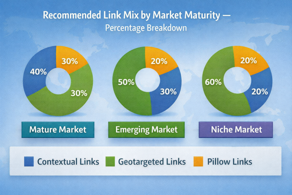 diagram showing geo-targeted SEO link distribution percentages for mature emerging and niche markets in a multi-location SEO strategy