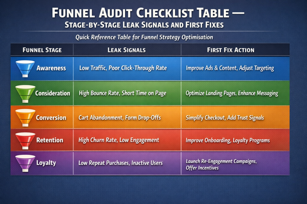 diagram showing funnel audit quick-reference table mapping each funnel stage to its primary leak signal and first fix action for funnel strategy optimisation