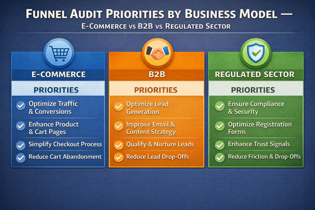 comparison graphic showing funnel audit priorities by business model comparing e-commerce B2B and regulated sector funnel strategy and user journey analysis approaches