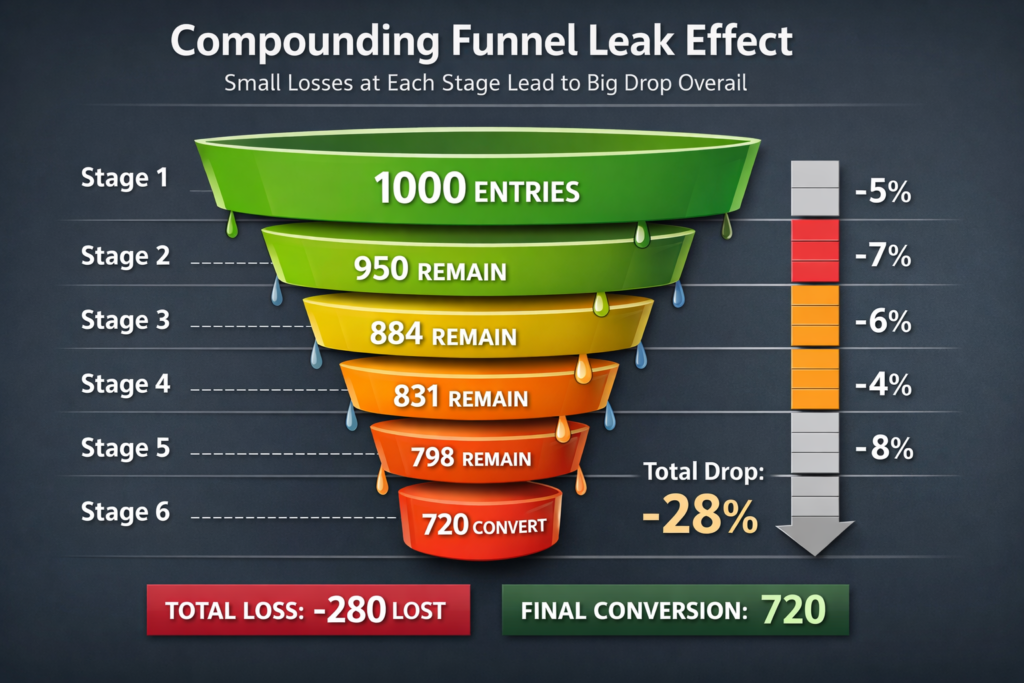 data visualization showing compounding funnel leak effect across six funnel stages demonstrating how small per-stage losses compound into significant total conversion loss