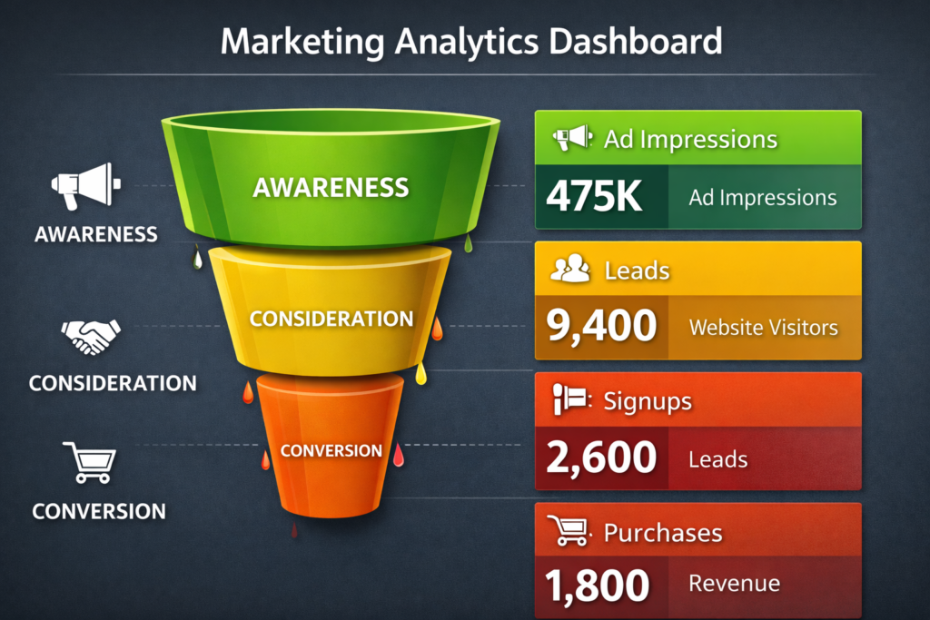 Marketing funnel strategy dashboard showing awareness, consideration and conversion stages