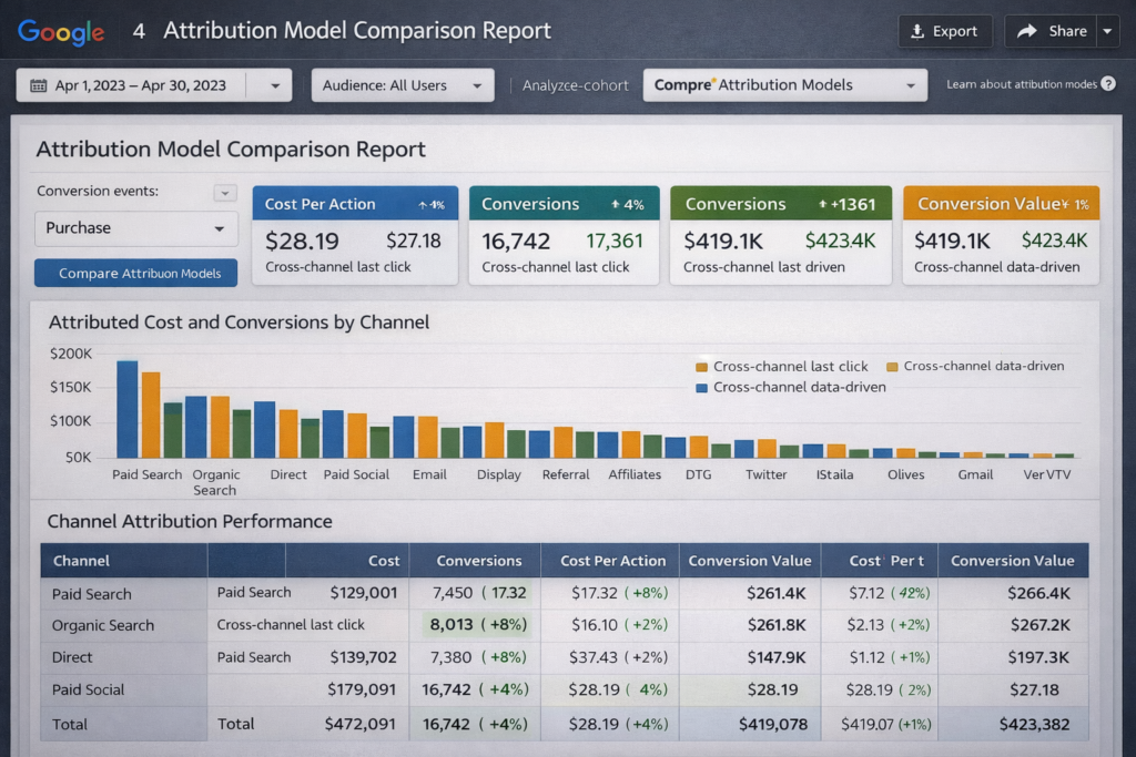 Advanced attribution modelling and cohort analysis in a performance marketing dashboard
