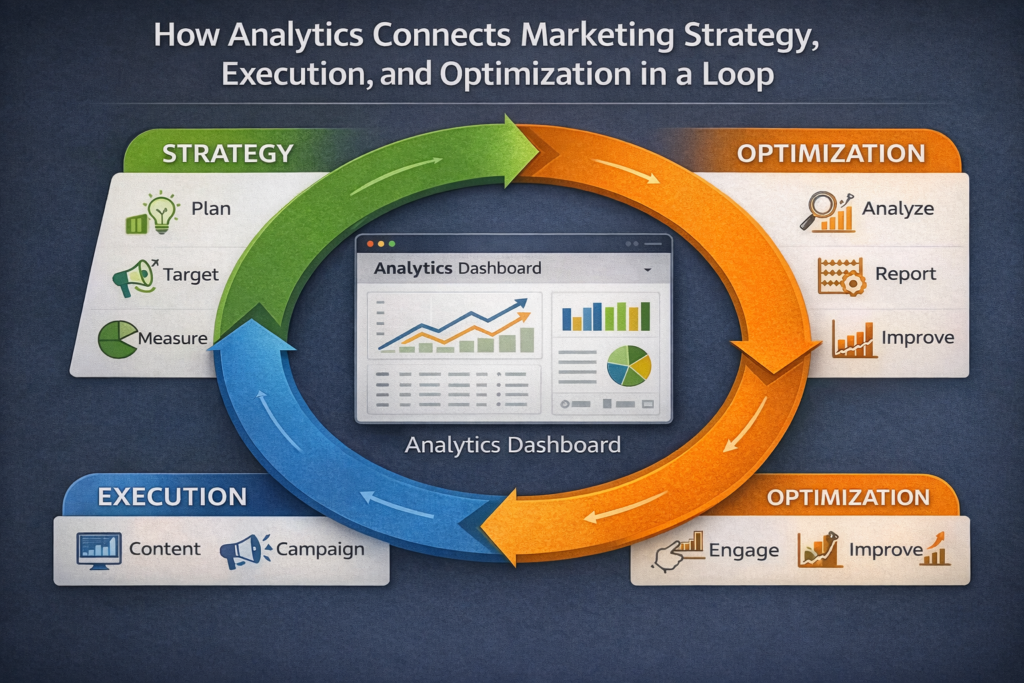 Digital marketing strategy connected to analytics and reporting dashboard
