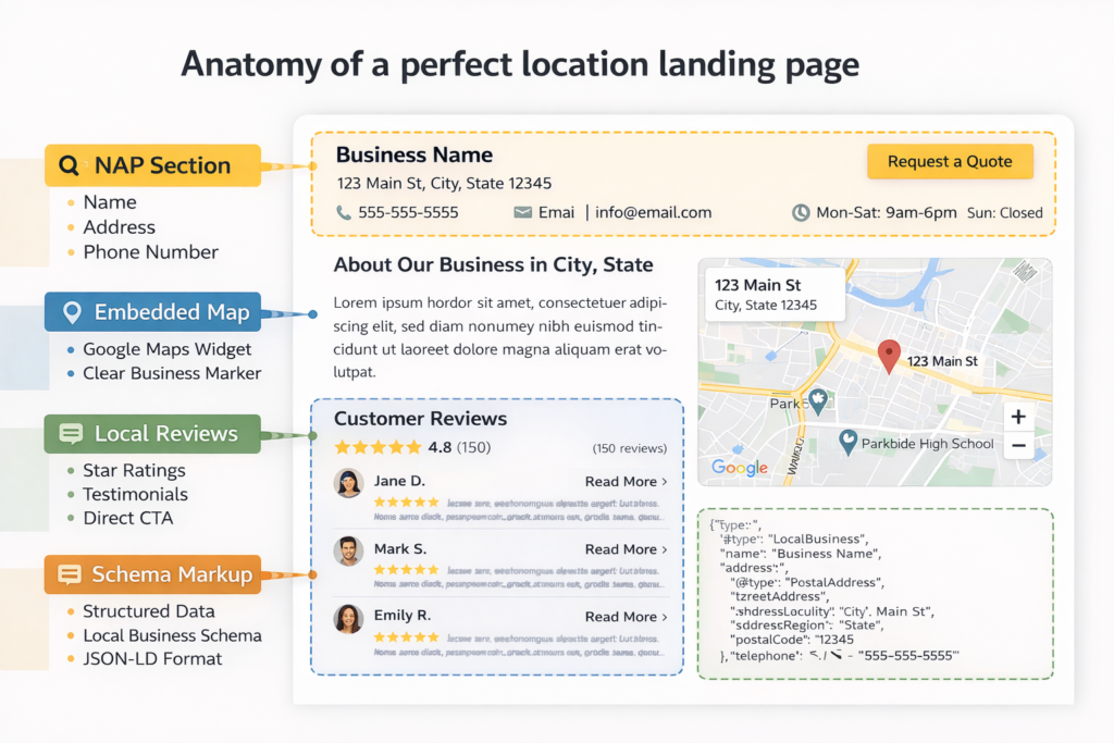 Annotated location landing page showing NAP section, embedded map, local reviews, and schema markup placement