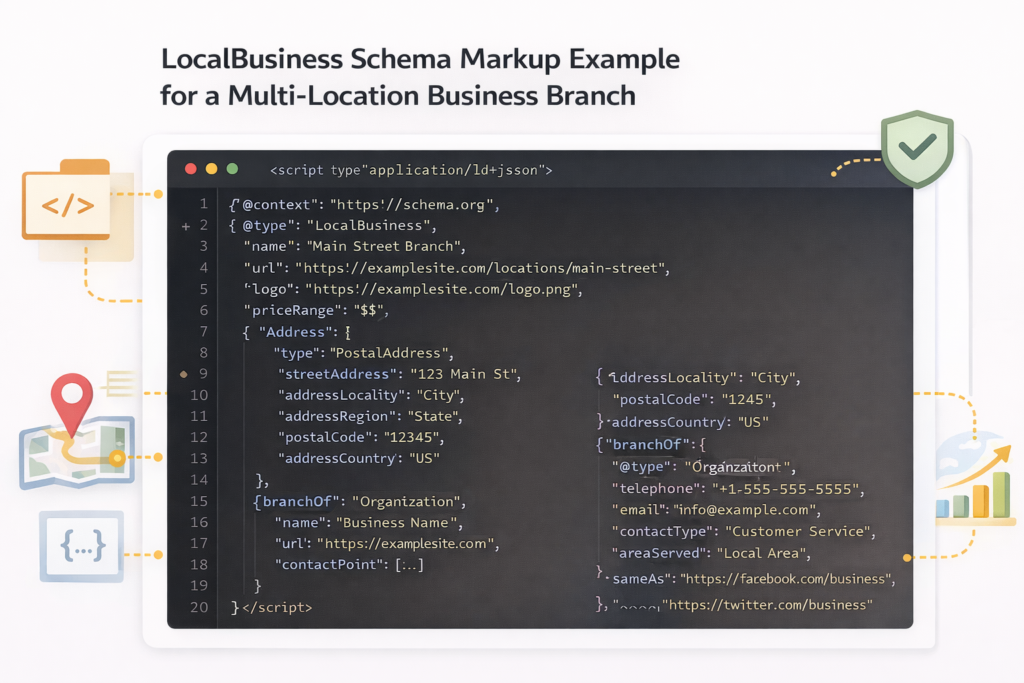 JSON-LD LocalBusiness schema markup code showing structured data fields for a multi-location SEO page