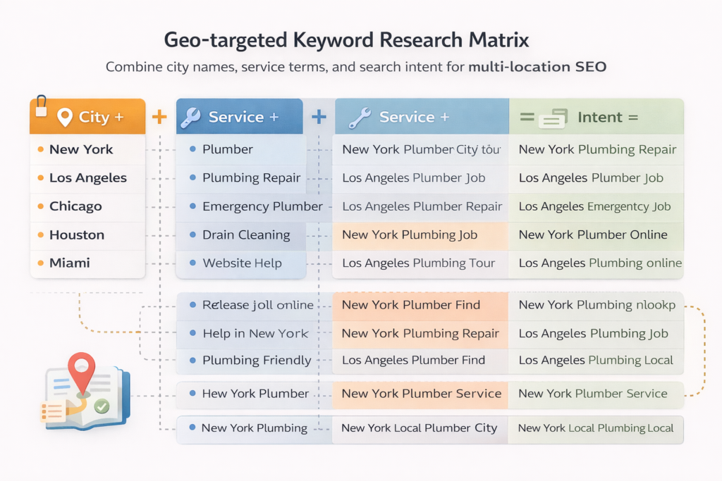 Geo-targeted keyword research matrix showing how to combine city names, service terms, and search intent for multi-location SEO