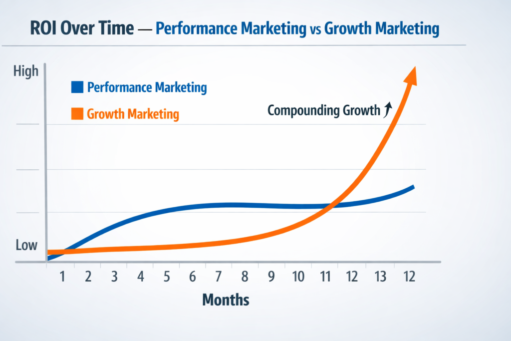 chart comparing ROI curves for performance marketing versus growth marketing over 12 months showing compounding growth marketing returns