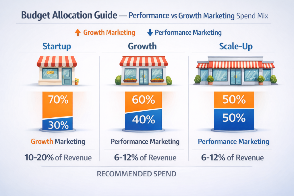 infographic showing recommended budget allocation between performance marketing and growth marketing based on company stage and revenue percentage